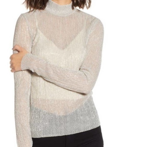 Chelsea 28 top womens ivory gold Lurex Stripe Turtle Neck metallic look Top S - Picture 7 of 8